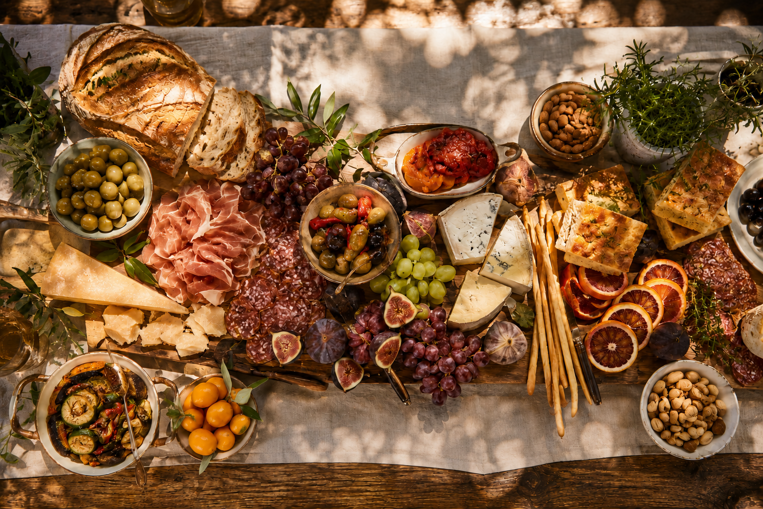 Grazing table of artisan cheeses, cured meats, olives, figs and fresh bread at an Orange County catering event