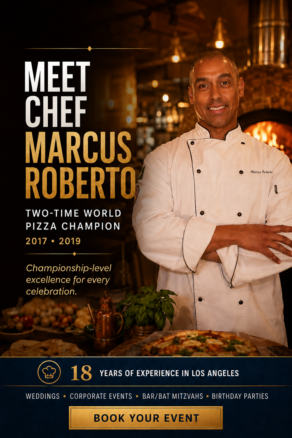 Our two-time World Pizza Champion chef beside a pizza oven