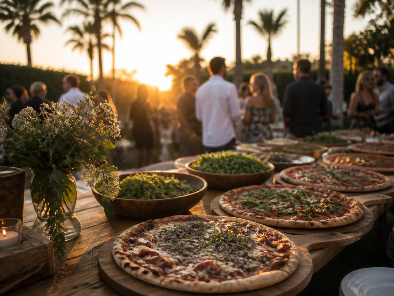 Buffet table set with several fresh-baked pizzas, salads and sides at an Orange County catering event